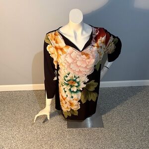 Chico's Black Tunic with Pink, Teal & Gold Floral Design
